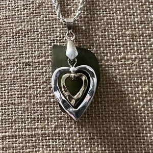 Hand Crafted Green Sea Glass Necklace Pendant with a Silver and Gold Heart